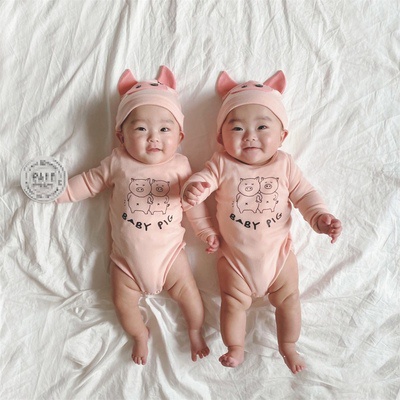 ชุดบอดี้สูท ลายหมูน้อย พร้อมหมวก สไตล์สัตว์ สําหรับเด็กทารกแรกเกิด อายุ 0-2 ปี