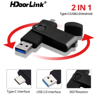 Hdoorlink แฟลชไดรฟ์ USB 2.0 TYPE C OTG 2 in 1 ความเร็วสูง 128GB 64GB 32GB 16GB