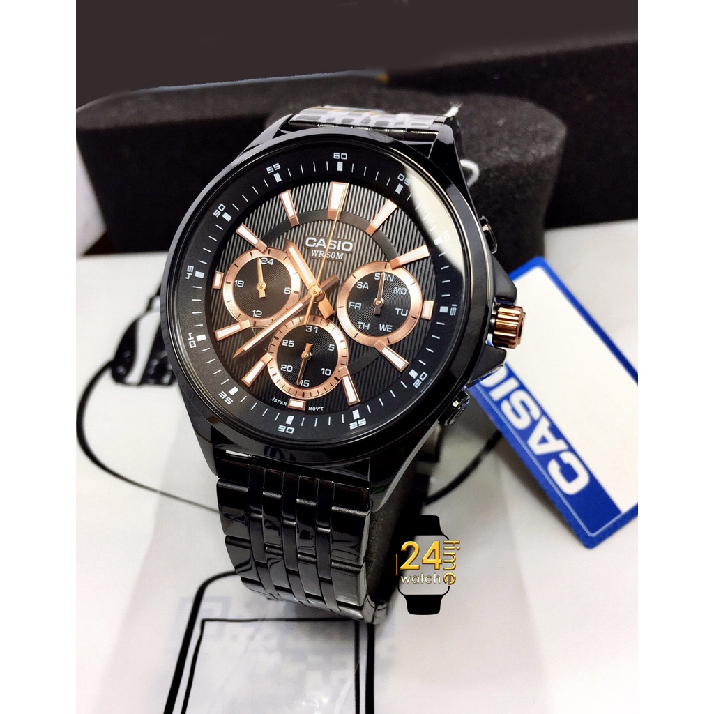 Casioแท้ นาฬิกาผู้ชาย นาฬิกาสายสแตนเลสสีดำตัดพิ้งค์โกลด์ นาฬิกาCasio คาสิโอ นาฬิกาแบรนด์เนม มั่นใจนาฬิกาแท้ มีประกัน