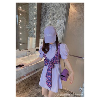 Purple Dress เดรสเชิ้ตกระดุมผ่าหน้า แขนบาร์บี้พองๆน่ารักสุดๆเกร๋ไปอีกคือมีสายเดี่ยวลายดอกตัวนอกให้ ผูกโบว์ด้านหน้า