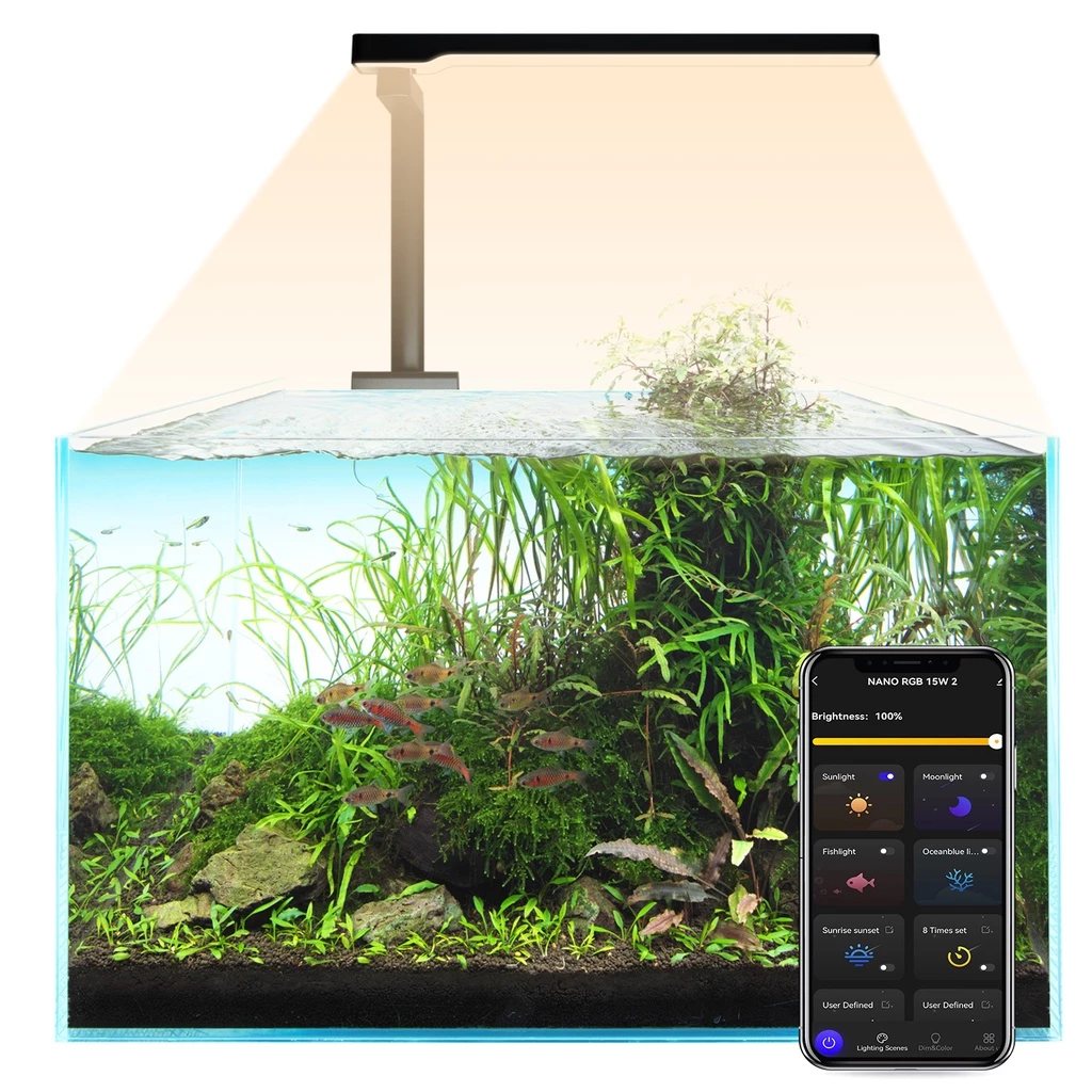 （การจัดส่งที่รวดเร็ว)15 วัตต์ LED Full Spectrum Nano Aquarium Light, โคมไฟพิพิธภัณฑ์สัตว์น้ำพร้อมตัวจับเวลา, การควบคุมแอพอัจฉริยะตู้ปลาไฟ RGB LED, พระอาทิตย์ขึ้นดวงอาทิตย์ดวงจันทร์, โหมด DIY, แสงคลิป