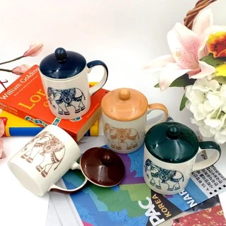 🍵🐘 SPP – LYCHANG แก้ว พร้อมฝา เซรามิค ชากาแฟ ทรงกระบอก แก้วมัค ลายไทย ลายช้าง Thai Elephant Mug w/ Lid