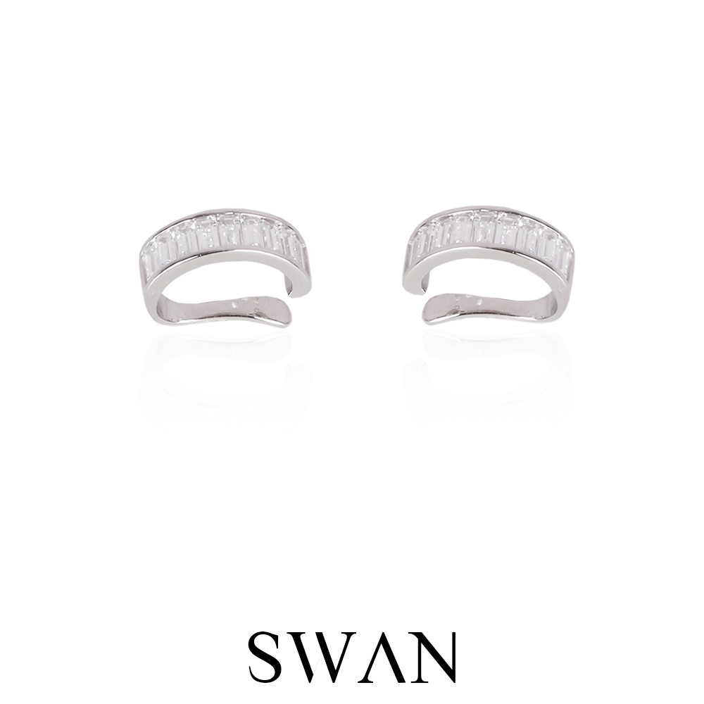 SWAN - Baguette Ear Cuff ต่างหูหนีบ เงินแท้ ไม่ต้องเจาะ ฝังเพชรคิวบิกเซอร์โคเนีย cubic zirconia