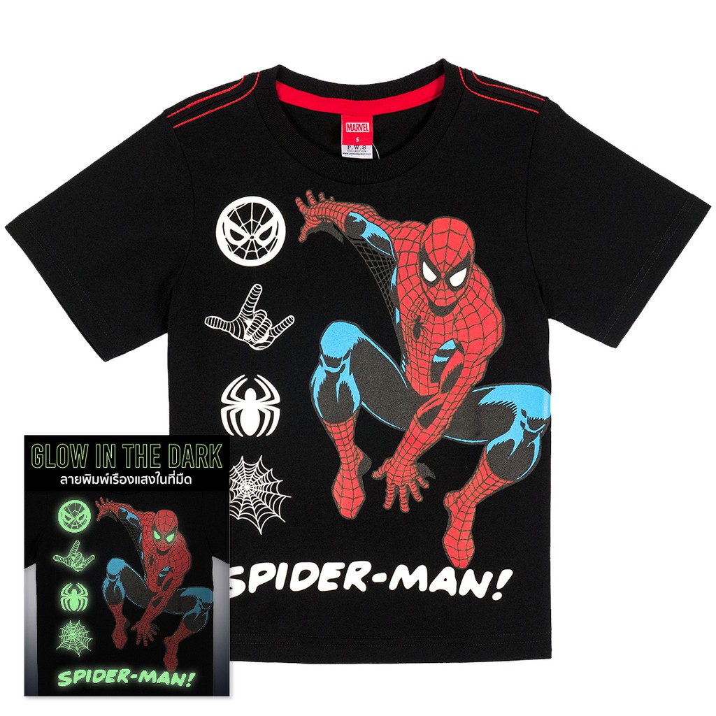 Marvel Boy Glow In The Dark Spider-Man T-Shirt -เสื้อเด็กโต Size 3-13 ปี มาร์เวล เทคนิคเรืองแสงในที่มืดลายสไปเดอร์แมน สิ