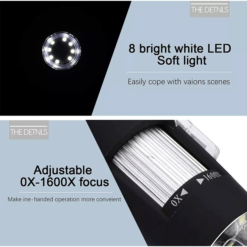 ส่งจากไทย 1600X กล้องจุลทรรศน์ ดิจิตอล LED Type-C/Micro USB 8 LED USBดิจิตอลแว่นขยายEndoscopeกล้อง