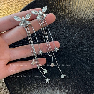 925 silver needle butterfly diamond star tassel earrings long Korean temperament all-match earrings sweet earrings for g