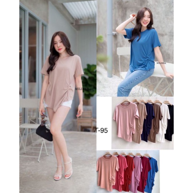 พร้อมส่ง# PT-95 เสื้อยืดคอกลมชายเฉียง จีบหน้า MILINNA