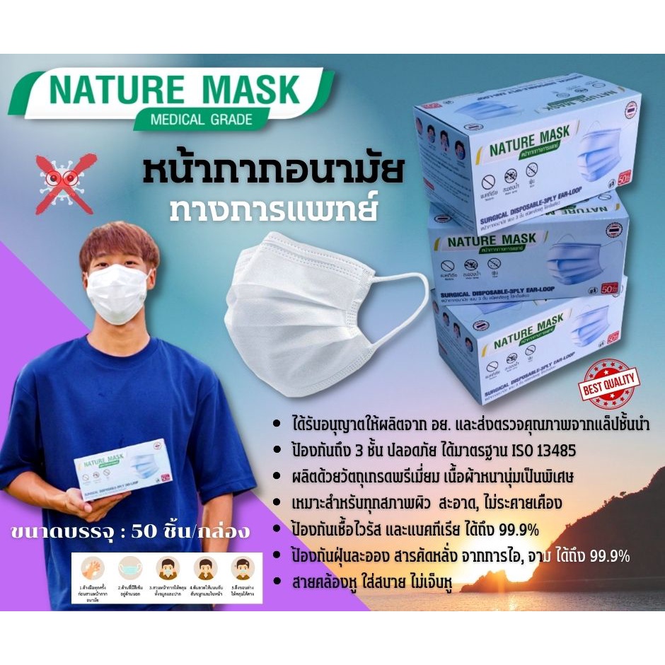 หน้ากากอนามัย (สีขาว)(50ชิ้น/กล่อง) เกรดทางการแพทย์ , ผ้าปิดจมูกผลิตในประเทศไทย