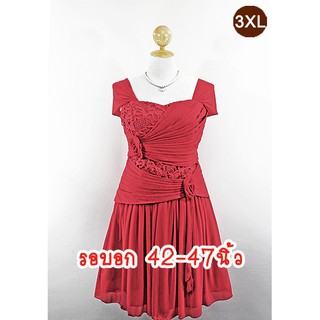 E1210-1-3XL-ชุดราตรีคนอ้วน สีแดง ผ้าลูกไม้ที่อกเอวและสแปนเด็กซ์ตาข่ายยืดเนื้อนิ่มมาก มีแขนปล่อยคลุมลงมา