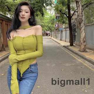 Bigmall-เสื้อยืดแขนยาวลําลองแฟชั่นสีพื้นสําหรับผู้หญิง