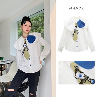 MANSA white floral long sleeve shirt เสื้อเชิ้ตเเขนยาว เสื้อลายดอก เสื้อเชิ๊ต