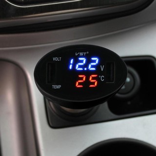 USB ชาร์ทเจอร์ 12V/24V Voltage Meter LED Digital Thermometer Voltmeter Battery Car Charger Cigarette U