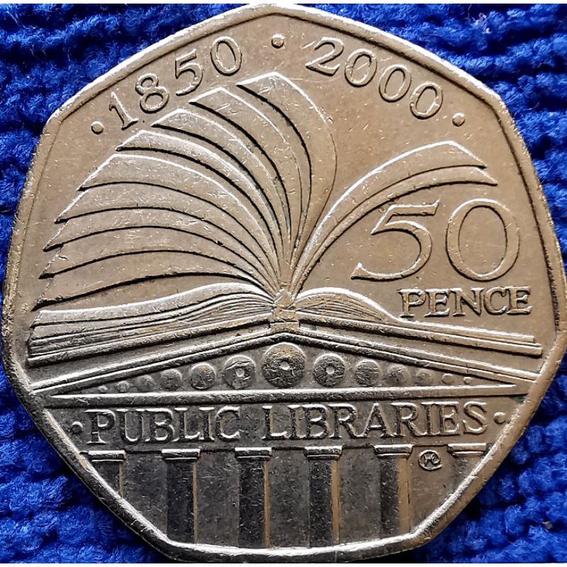 เหรียญ​อังกฤษ​ UK, 50 Pence, (วาระ150ปีระบบห้องสมุดสาธารณะ), #​1331E, ใช้แล้ว​