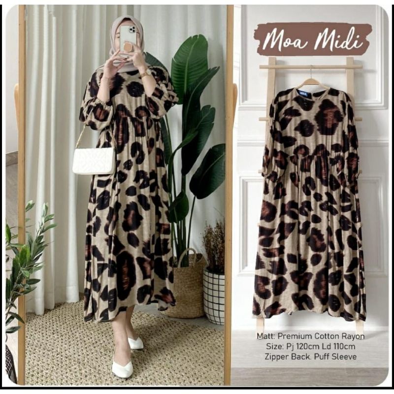 Moa MIDI DRESS RAYON LEOPARD MOTIF LONG MACAN TUNIC VIRAL TODAY TEENAGE CLOTHES LATEST DAILY OUTFIT