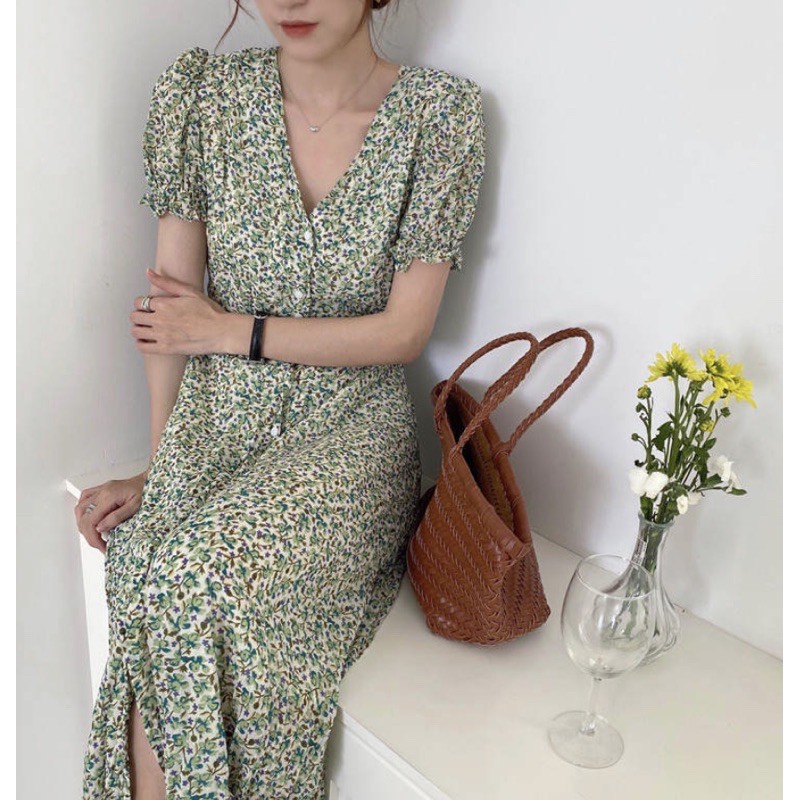 [2690] เดสสยาวกระดุมหน้าลายดอกไม้