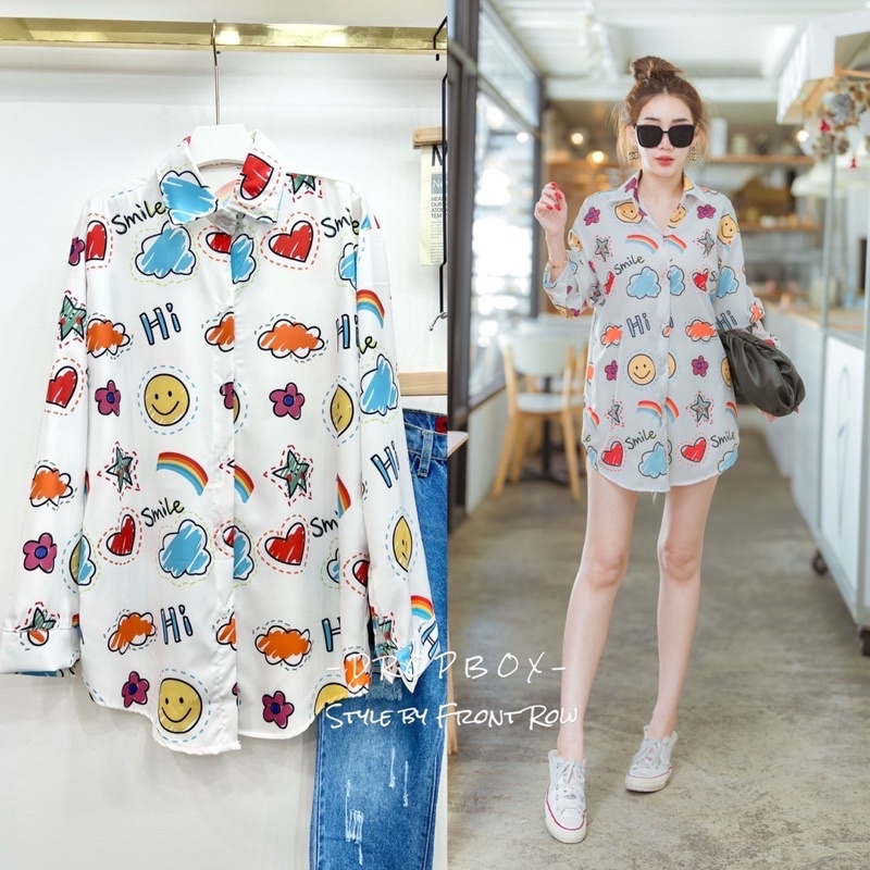 📌ทักก่อนสั่ง📌✅เสื้อเชิ้ตทรงปล่อย พิมพ์ลาย smile อก44”-46” Dropbox issue