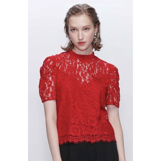 Jaspal เสื้อลูกไม้แขนสั้น สีแดง ของใหม่ ป้ายห้อย