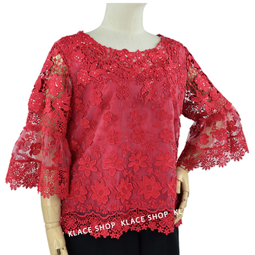 KLACES - เสื้อลูกไม้ไทย ยี่ห้อพิงค์บูติค BP319 อก 44 46 50 นิ้ว เสื้อลูกไม้ เสื้อลูกไม้สีแดง งานแต่ง