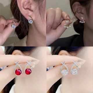 ต่างหูแฟชั่น ต่างหูพลอย Womens Stainless Steel Single Row Full Diamond Albumin Cross Earrings Pendant Bride Princess Jewelry Accessories