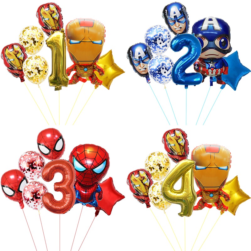 7 ชิ ้ น/set Spiderman ฟอยล ์ บอลลูนกัปตันอเมริกา Iron Man Superhero บอลลูนสําหรับเด ็ ก Happy Birthday Party บอลลูนตกแต ่ ง