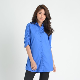 GSP BASIC COTTON SHIRT LONG SHIRT เสื้อเชิ๊ตจีเอสพี เสื้อมีปก ตัวยาว แขนยาวสามส่วน สีน้ำเงิน (PL1UDB)