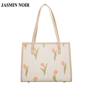 Jasmin NOIR กระเป๋าสะพายไหล่ กระเป๋าถือ ผ้าแคนวาส พิมพ์ลายดอกไม้ ขนาดใหญ่ สําหรับสตรี