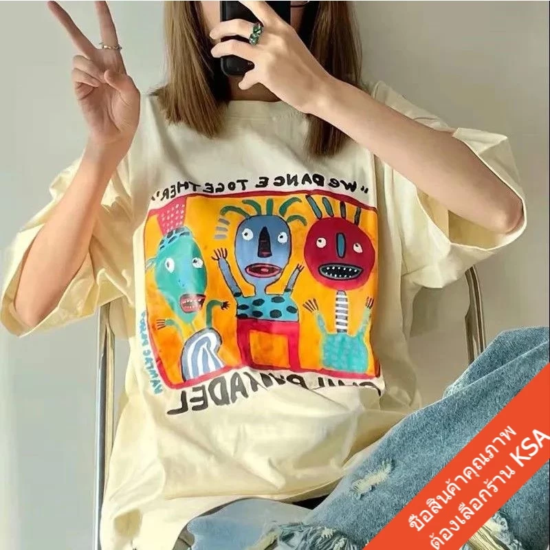 เสื้อยืดแขนสั้นสไตล์เกาหลี oversize เสื้อผ้าแฟชั่นวัยรุ่น เสื้อโอเวอร์ไซส์ผู้หญิง สกรีนลายวินเทจ ไซส์ใหญ่ XXL thumbnail 6