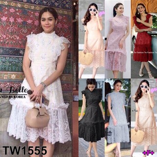 SS1555 Dress เดรส คอเต่า ลูกไม้ ต่อระบายปลาย