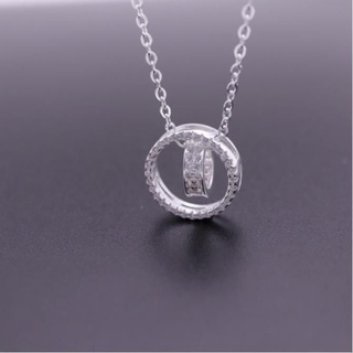 925 Silver Cubic Zirconia Circule Danlge pendant Necklace18 inch+2,สร้อยคอจี้วงกลมซ้อนกันใส่เข้ากันได้กับทุกชุดขนาด