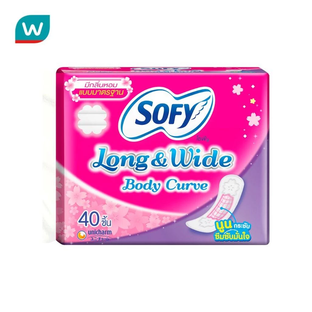 Sofy โซฟี แผ่นอนามัย ลอง แอนด์ ไวด์ บอดี้ เคิร์ฟ แบบมาตรฐาน มีกลิ่นหอม 40ชิ้น กว้าง 6.50 cm. ยาว 15.50 cm.