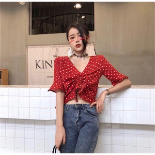 🌹 Kiddy dot shirt เสื้อครอปผูกโบว์ ลายจุด เนื้อผ้าโพลีอีสเตอร์ มี2สี แดง ดำ🌈