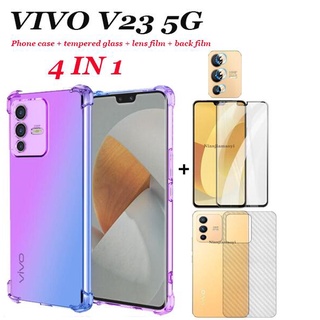 4in1 Vivo V23 5G เคสโทรศัพท์ ไล่ระดับสี + กระจกนิรภัย + ฟิล์มเลนส์ + ฟิล์มด้านหลัง Vivo v23e V25 5G เคสโทรศัพท์