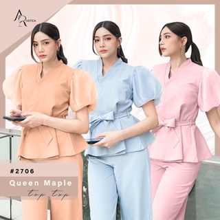 ARINDA Queen Maple Top 2706 : เสื้อป้ายหน้า แต่งแขนระบายผ้าออแกนดี้ แถมโบว์ตรงช่วงเอว