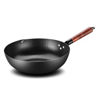 ❉▬Handmade Iron Pot 32CM Frying Pan Uncoated Health Wok Non-Stick Pan Gas Stove Induction Cooker Universal Wood Cover Ir