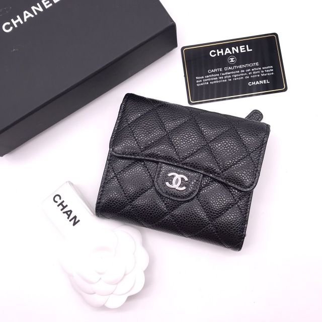 New Chanel Trifold compact Wallet black caviar shw