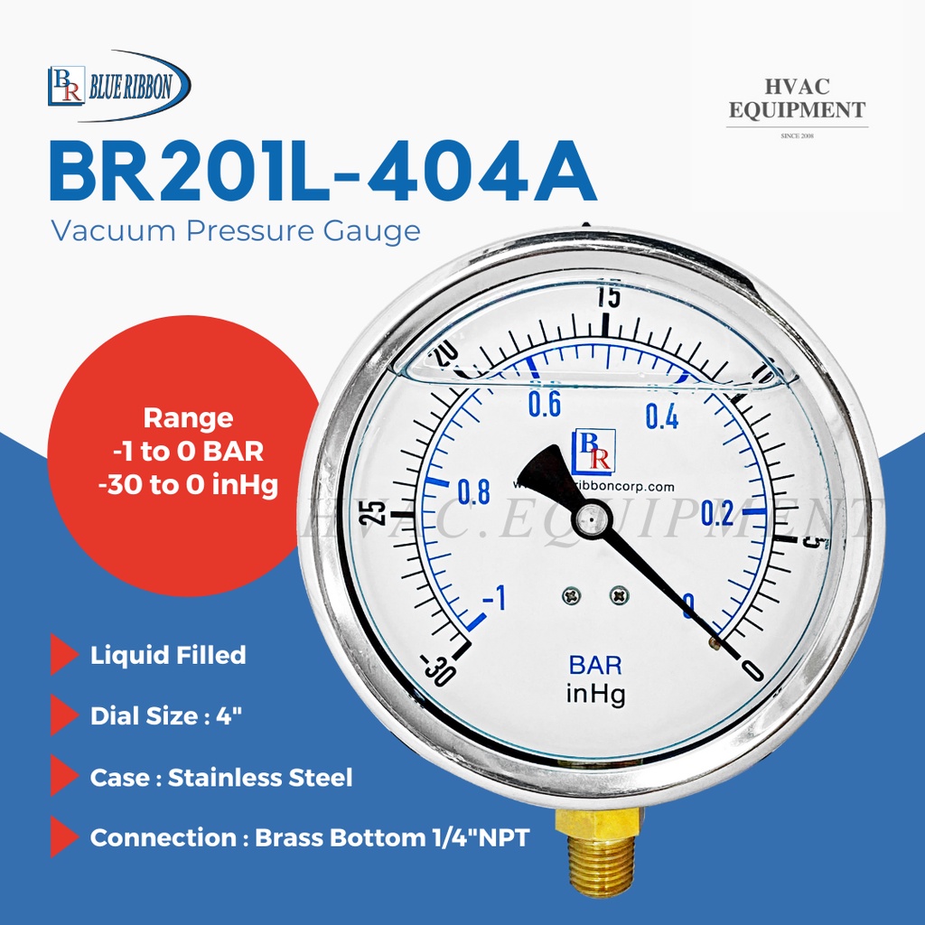 BR201L หน้าปัด 4 นิ้ว หน่วย bar, psi เกลียวออกล่าง 1/4"NPT Pressure Gauge เกจวัดแรงดันแบบเติมน้ำมัน ยี่ห้อ Blue Ribbon