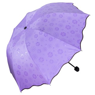 GetZhop ร่มกันฝน ร่มพับ Umbrella ร่มโดนน้ำมีลายดอกไม้ หน้ากว้าง 90 ซม.- สีม่วง