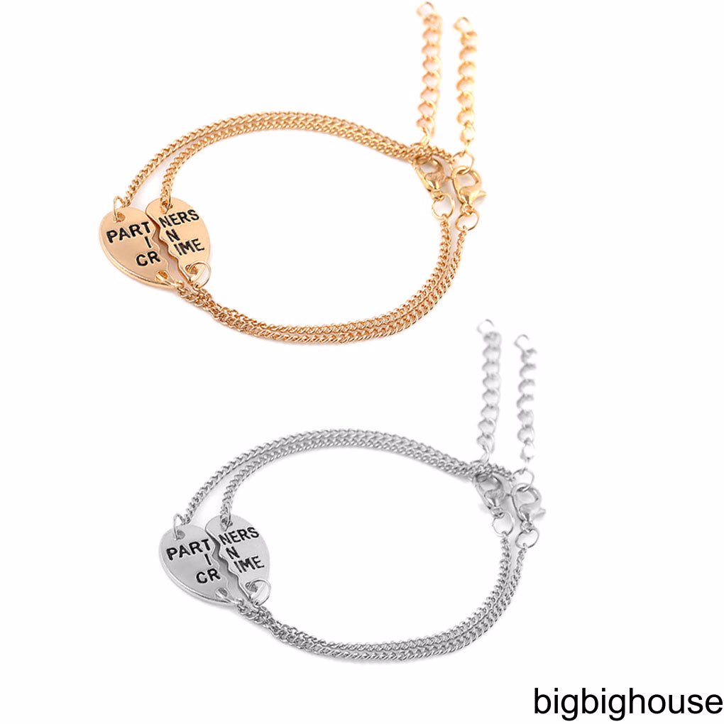 2Pcs Couples Half Heart Bangle Lovers Women Men Friends Wristband Bracelet Bling Valentine's Day Gift