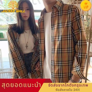 JACKKE MALL  เสื้อเชิ๊ตสตรีแขนยาว เสื้อลายสก๊อตผู้หญิง กากี ผ้าฝ้ายแท้ มีสินค้า