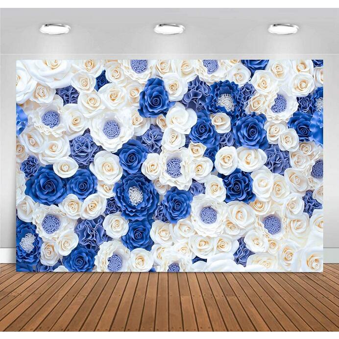 7x5 ฟุต สีฟ้า สีขาว ดอกไม้ ฉากหลังถ่ายภาพ ครบรอบ ฉลองครบรอบ คู่รัก สตูดิโอ อุปกรณ์ประกอบฉากถ่ายภาพ ฉากหลังงานแต่งงาน พื้นหลังอาบน้ําแรกเกิด แบนเนอร์ พร็อพงานเลี้ยงวันเกิด