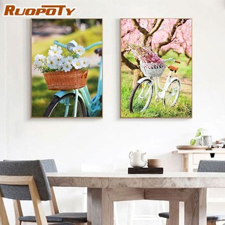 Ruopoty ภาพจิตรกรรมบนผ้าใบ ตามตัวเลข รูปจักรยาน และดอกไม้ สําหรับตกแต่งบ้าน DIY