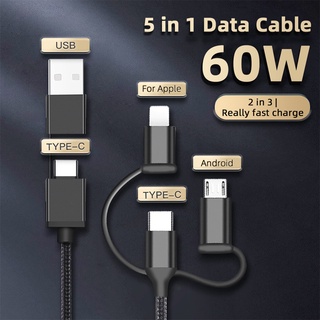 Accezz 5 In 1 PD 60W สําหรับ Type C ไฟไมโคร USB A พอร์ตชาร์จเร็ว สายข้อมูล โทรศัพท์มือถือ สําหรับ Huawei Xiaomi