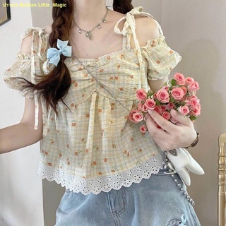 🍒สินค้าเฉพาะจุด🍒เสื้อปาดไหล่ลูกไม้ลายดอกไม้สไตล์ญี่ปุ่นสำหรับผู้หญิง
