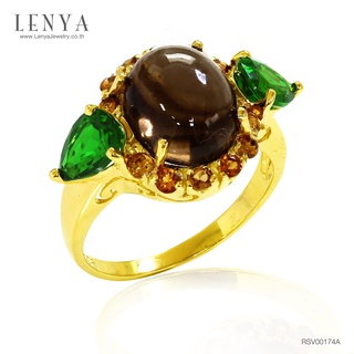 Lenya Jewelry  แหวนพลอยสวยโดดเด่นไม่เหมือนใคร ประดับพลอยสโมคกี้ควอทซ์และพลอยโครมไดออฟไซด์ ตัวเรือนเงินแท้ชุบทองคำ