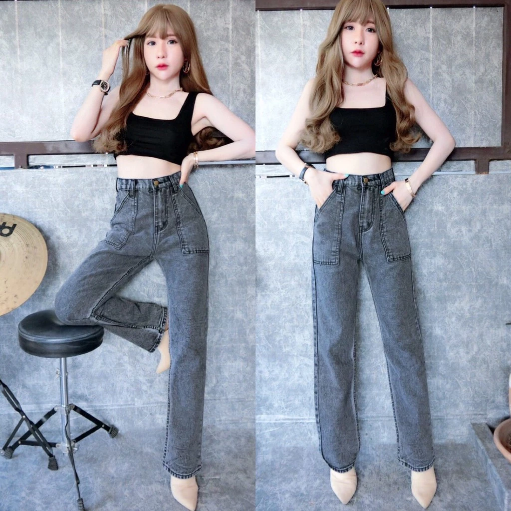 Cc jeans 019 S-5XL กางเกงยีนส์ผู้หญิง ทรงกระบอก เอวสูง แต่งกระเป๋าข้าง กางเกงผู้หญิง