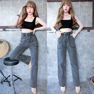 Cc jeans 019 S-5XL กางเกงยีนส์ผู้หญิง ทรงกระบอก เอวสูง แต่งกระเป๋าข้าง กางเกงผู้หญิง