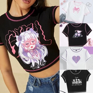 (พร้อมส่ง)💖SHEIN🔮เสื้อครอป ขอบตะเข็บ crop top เสื้อครอปแขนสั้น คอกลม🖤