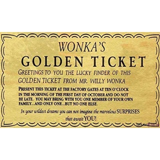 ป้ายโลหะ ลาย Willy Wonka Golden Ticket Charlie Chocolate Factory That Await You ขนาด 8x12 นิ้ว สําหรับตกแต่ง