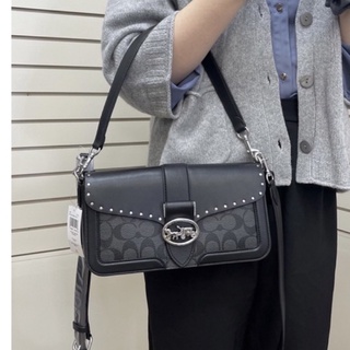 (ผ่อน0%) กระเป๋าสะพายข้าง GEORGIE SHOULDER BAG IN COLORBLOCK SIGNATURE CANVAS (COACH 5509) ลายซีสีเทาดำ ตอกหมุด