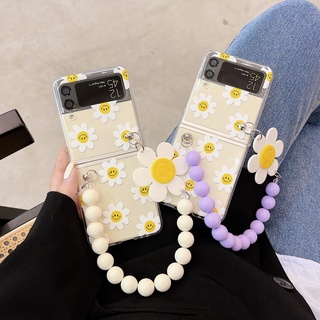 เคสโทรศัพท์มือถือ ลายดอกไม้หน้ายิ้ม พร้อมสายคล้องมือ แฟชั่น สําหรับ Samsung Z Flip4 Z Flip3 Z Flip2 Z